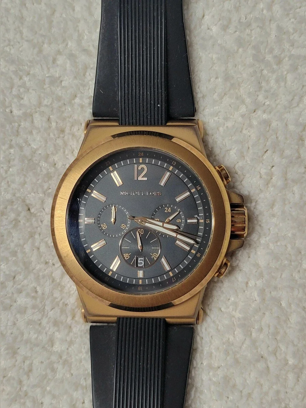 Men’s Michael Kors Dylan Chronograph Watch MK8184 Rose Gold Dial Black Band